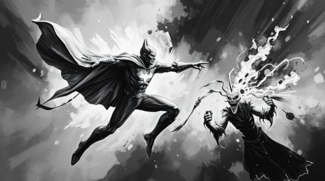 A classic black and white oil painting depicting a superhero with a cape engaged in battle with a silly villain. This timeles