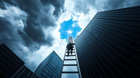 This image depicts an abstract concept of success, featuring a businessperson climbing a transparent ladder that vanishes int