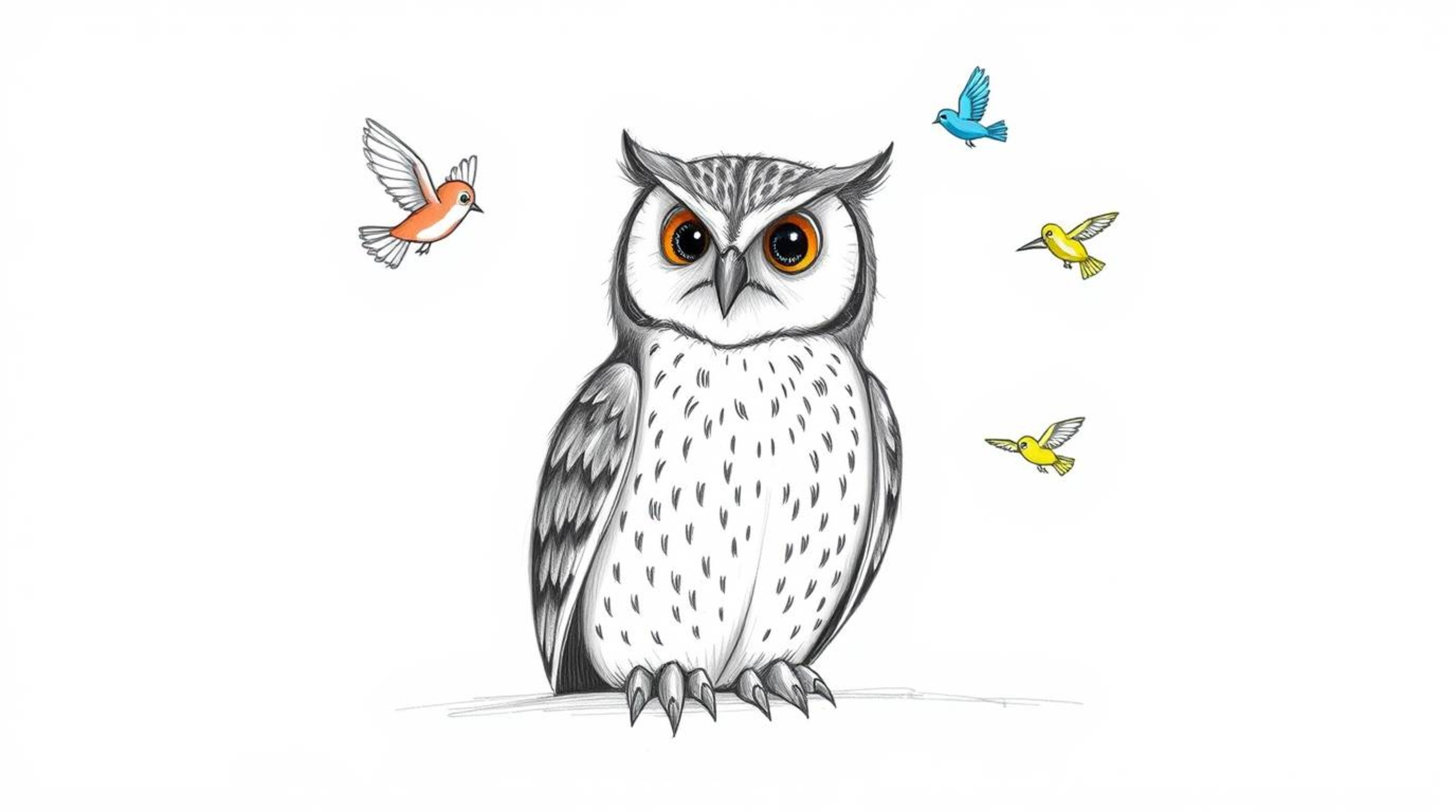 A heartwarming hand-drawn pencil sketch in the style of Pixar, depicting a blind owl calmly teaching brightly colored birds t