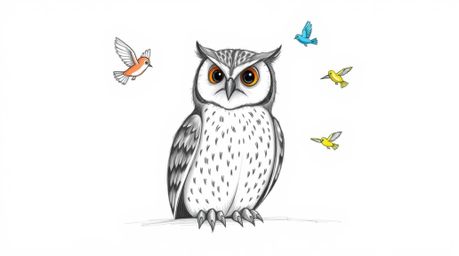 A heartwarming hand-drawn pencil sketch in the style of Pixar, depicting a blind owl calmly teaching brightly colored birds t