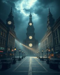 A visually stunning scene featuring an empty town square with the haunting sound of ticking clocks, bathed in dramatic chiaro