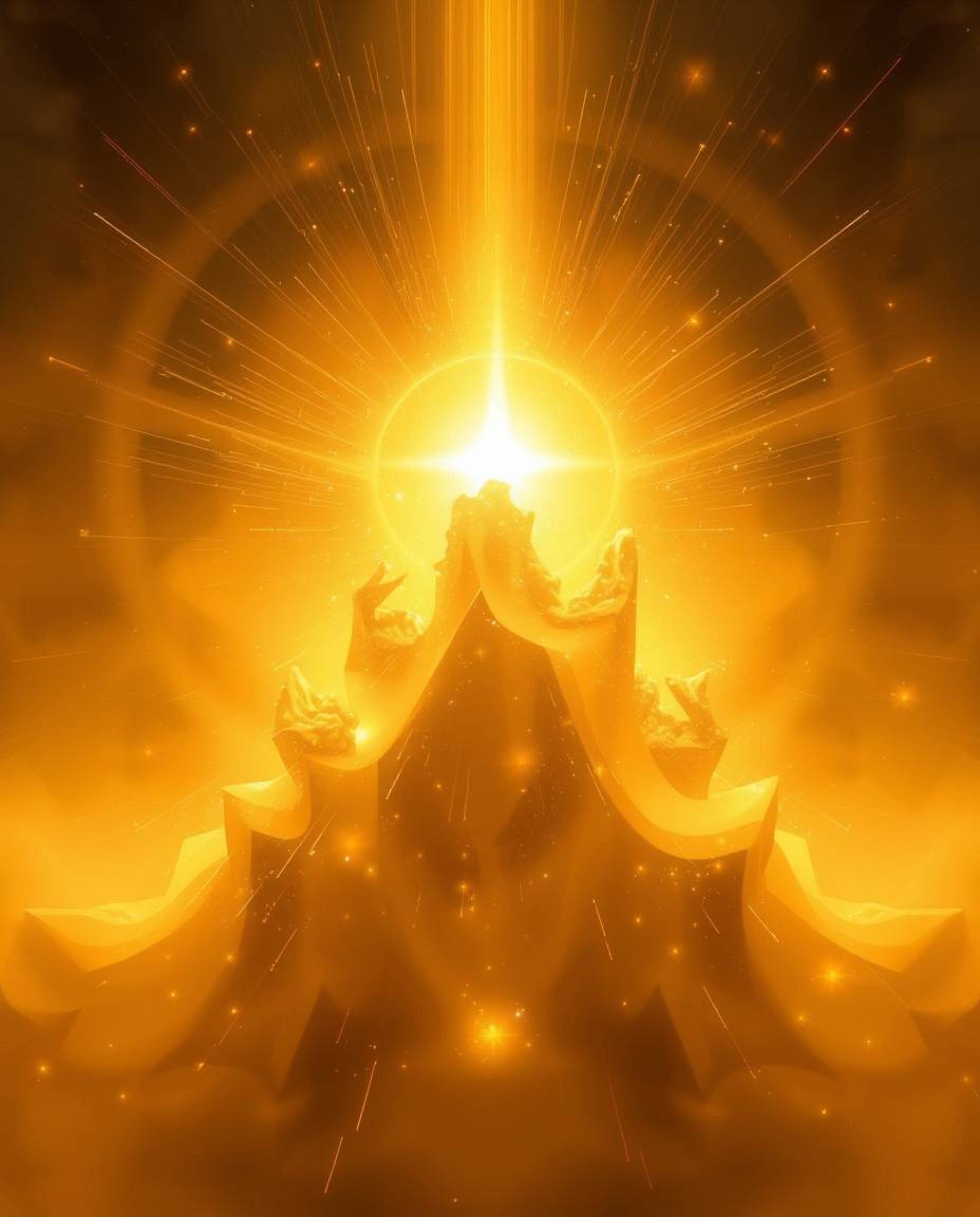 An ethereal, spiritual image radiates a warm golden glow.  Abstract shapes showcase glitch effects, fragmentation, and scanli