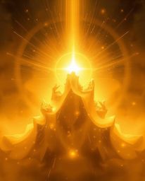 An ethereal, spiritual image radiates a warm golden glow.  Abstract shapes showcase glitch effects, fragmentation, and scanli
