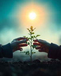 A soft, cinematic image with cool tones depicts hands planting a tree beneath a golden sky. Dominated by blues, greens, and p