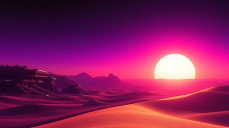 Experience a breathtaking futuristic sci-fi sunset at the edge of a desert.  Golden dunes stretch towards a vibrant sky paint