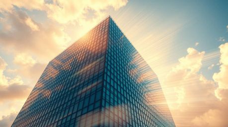 A captivating image depicts a modern glass building seamlessly dissolving into a soft, cloudy sky, symbolizing ambition and t
