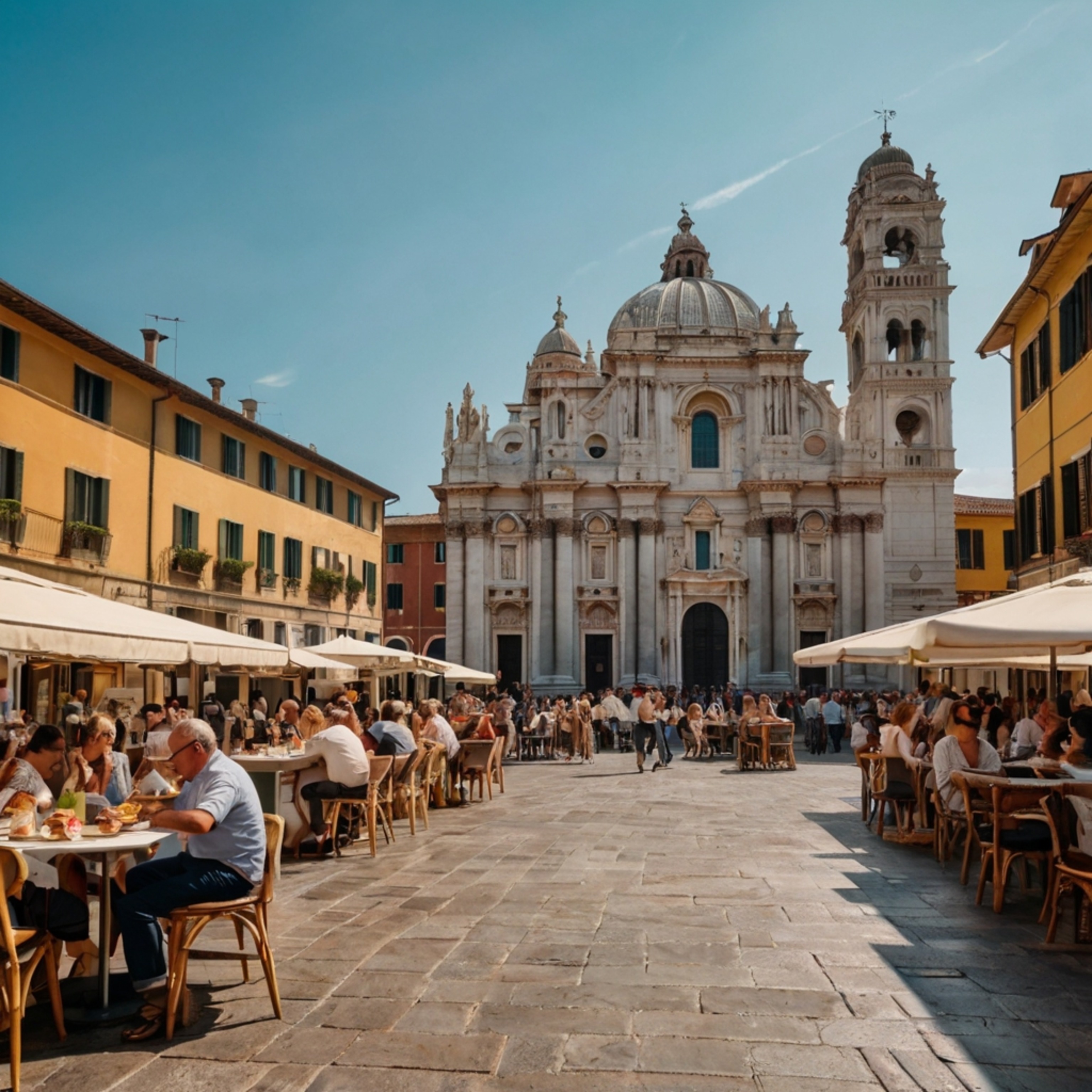 Immerse yourself in the vibrant atmosphere of a bustling Italian piazza. Admire the stunning stone buildings that surround th