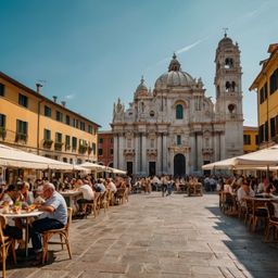 Immerse yourself in the vibrant atmosphere of a bustling Italian piazza. Admire the stunning stone buildings that surround th