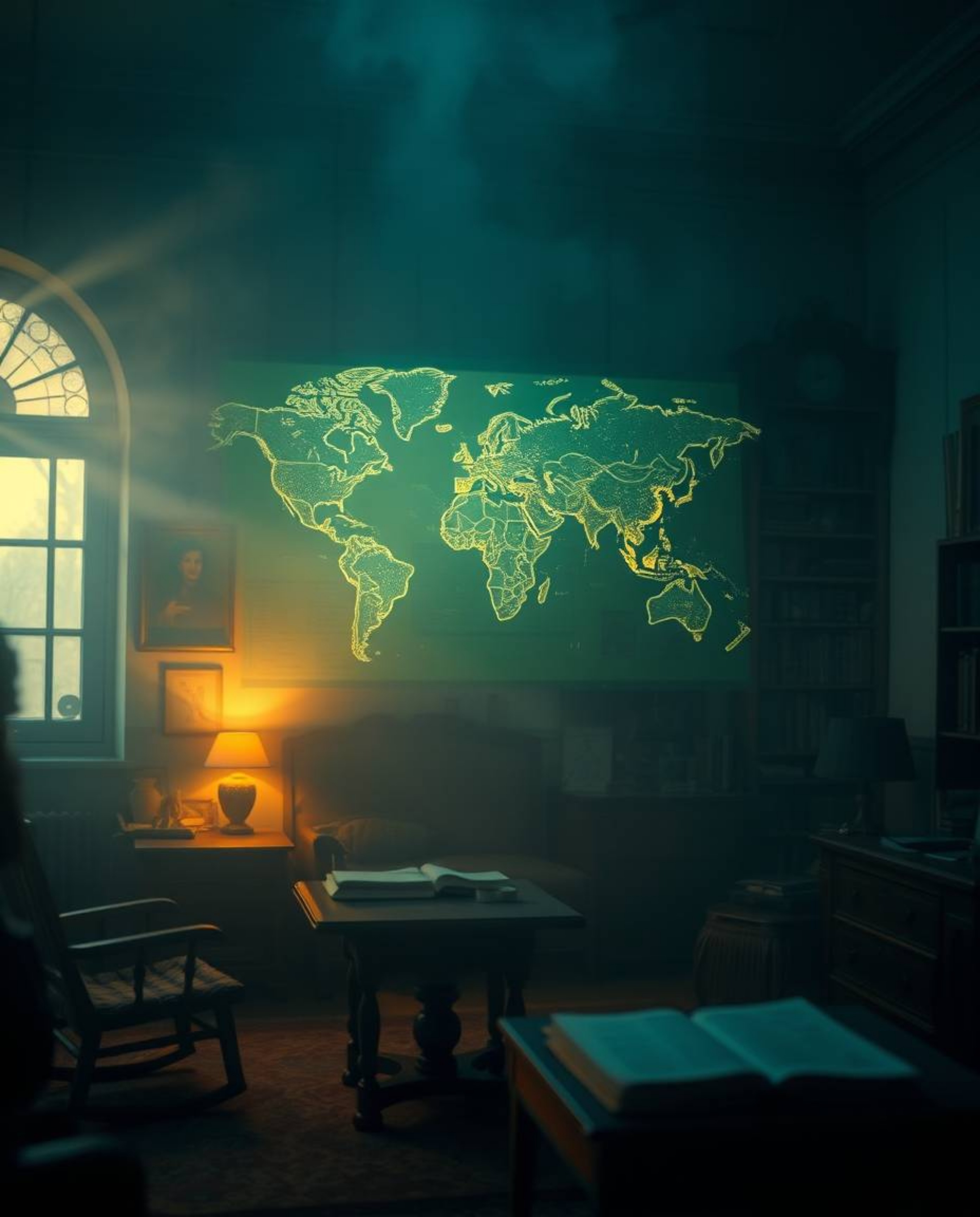 A captivating cinematic image showcases a glowing map projected in the air within an old study.  The scene is enveloped in a 