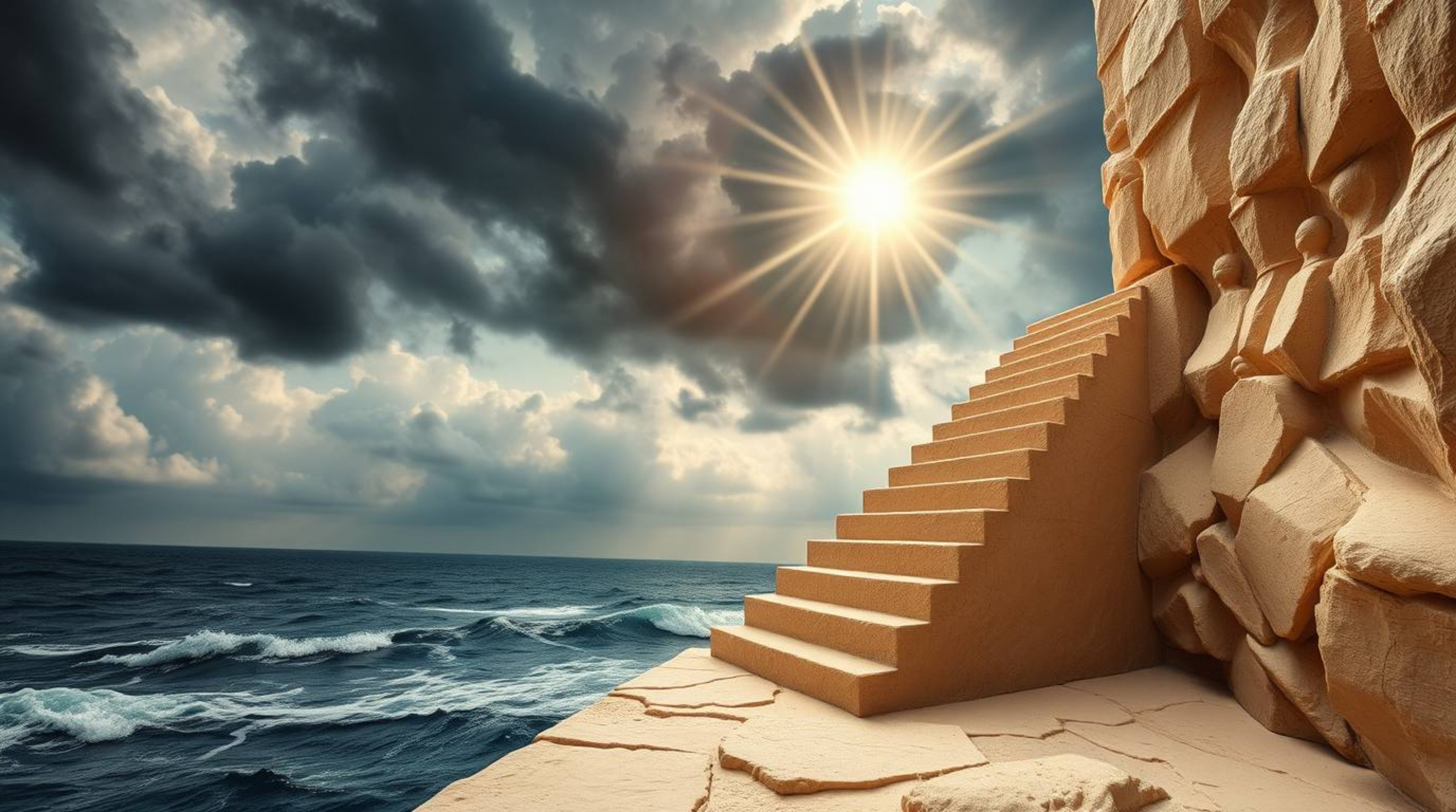 This breathtaking sculptural clay art piece presents a dramatic staircase rising majestically from the ocean towards a turbul