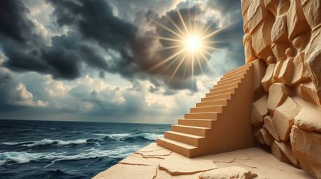This breathtaking sculptural clay art piece presents a dramatic staircase rising majestically from the ocean towards a turbul