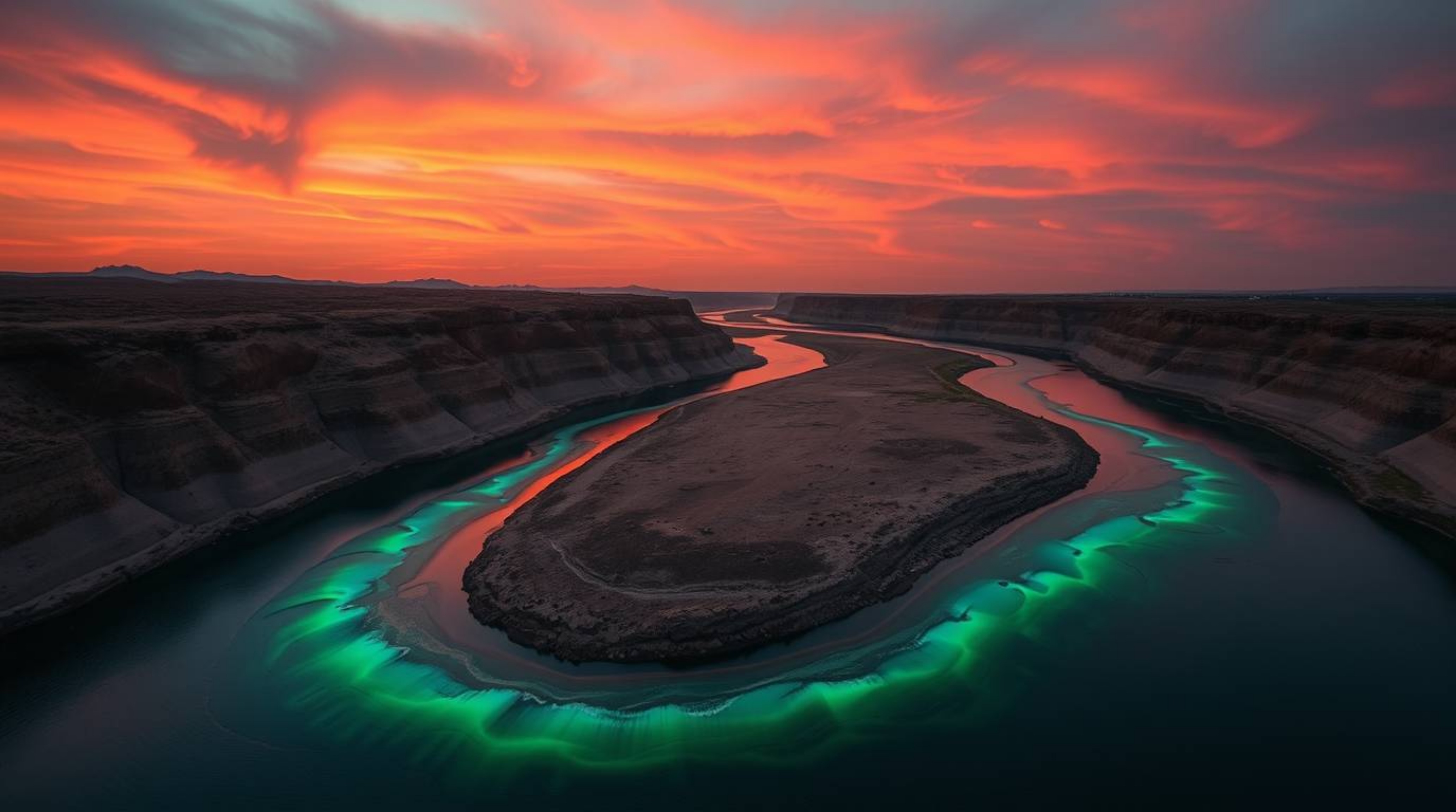 A captivating photograph features a winding river illuminated beneath a dramatic orange-pink sky, highlighting the beauty of 