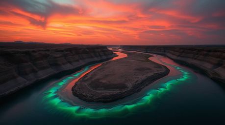 A captivating photograph features a winding river illuminated beneath a dramatic orange-pink sky, highlighting the beauty of 