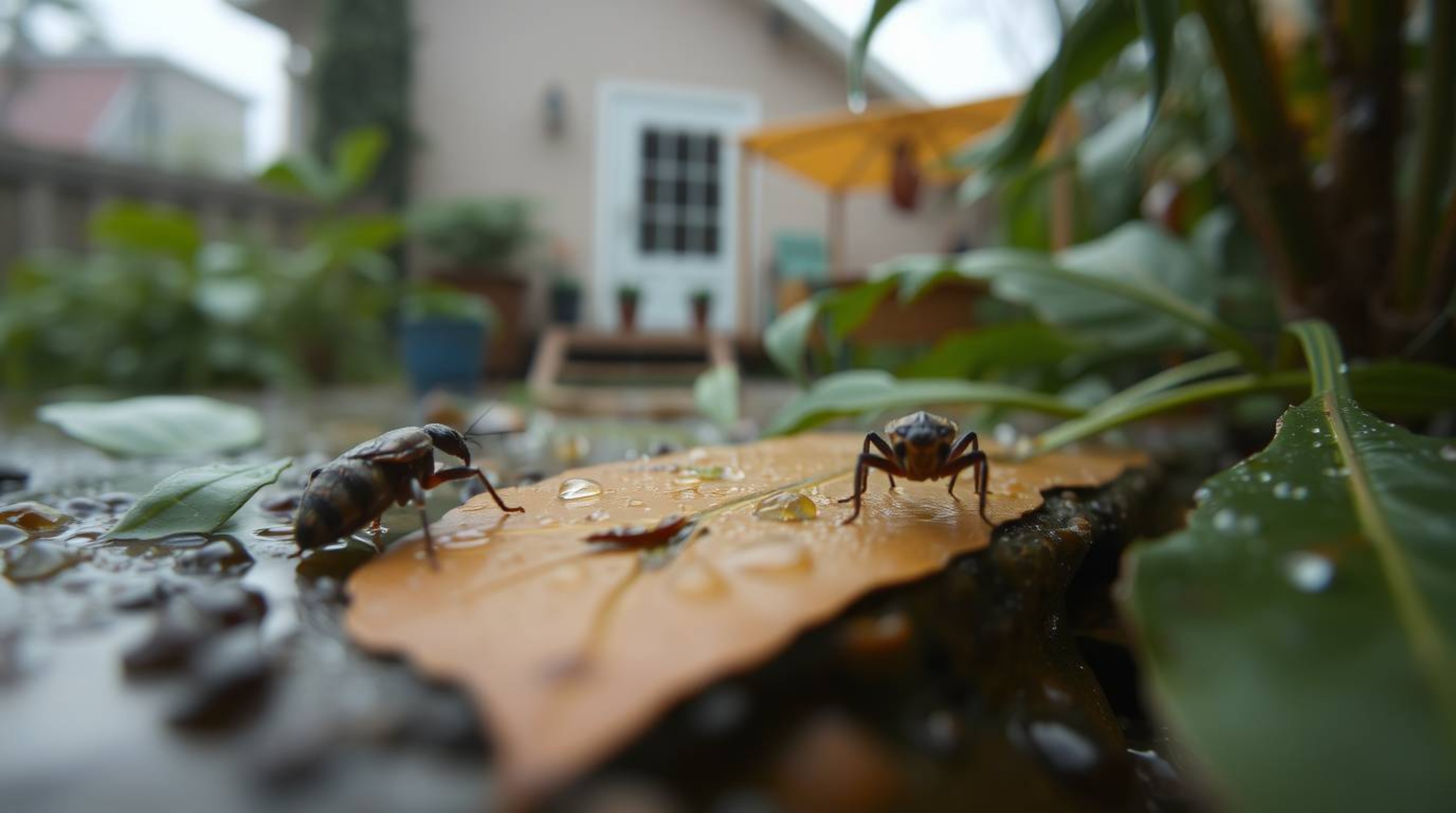 Immerse yourself in a miniature world with this captivating close-up shot of a bug-sized hero venturing through a backyard ju