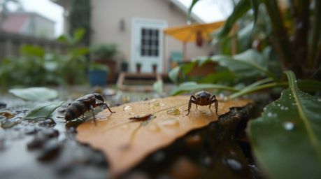 Immerse yourself in a miniature world with this captivating close-up shot of a bug-sized hero venturing through a backyard ju