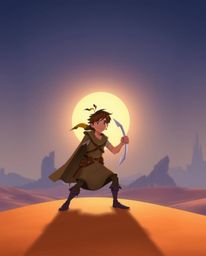 Embark on a Disney-style desert adventure with a brave hero facing intense challenges under dramatic lighting. This scene ble