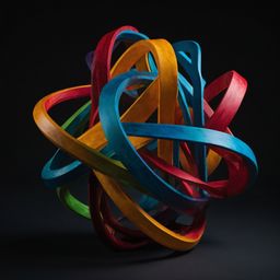 A mesmerizing 3D abstract sculpture featuring intricately intertwining shapes and a bold palette of vibrant colors. This capt