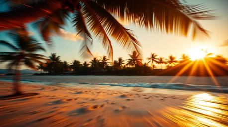 Experience the radiant luxury of a dynamic motion image depicting a tropical beach sunset.  Warm golden hues illuminate swayi