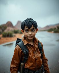 A captivating fine art photograph depicting a brave hero in a Disney-style desert adventure, experiencing a wet, rainy scene.