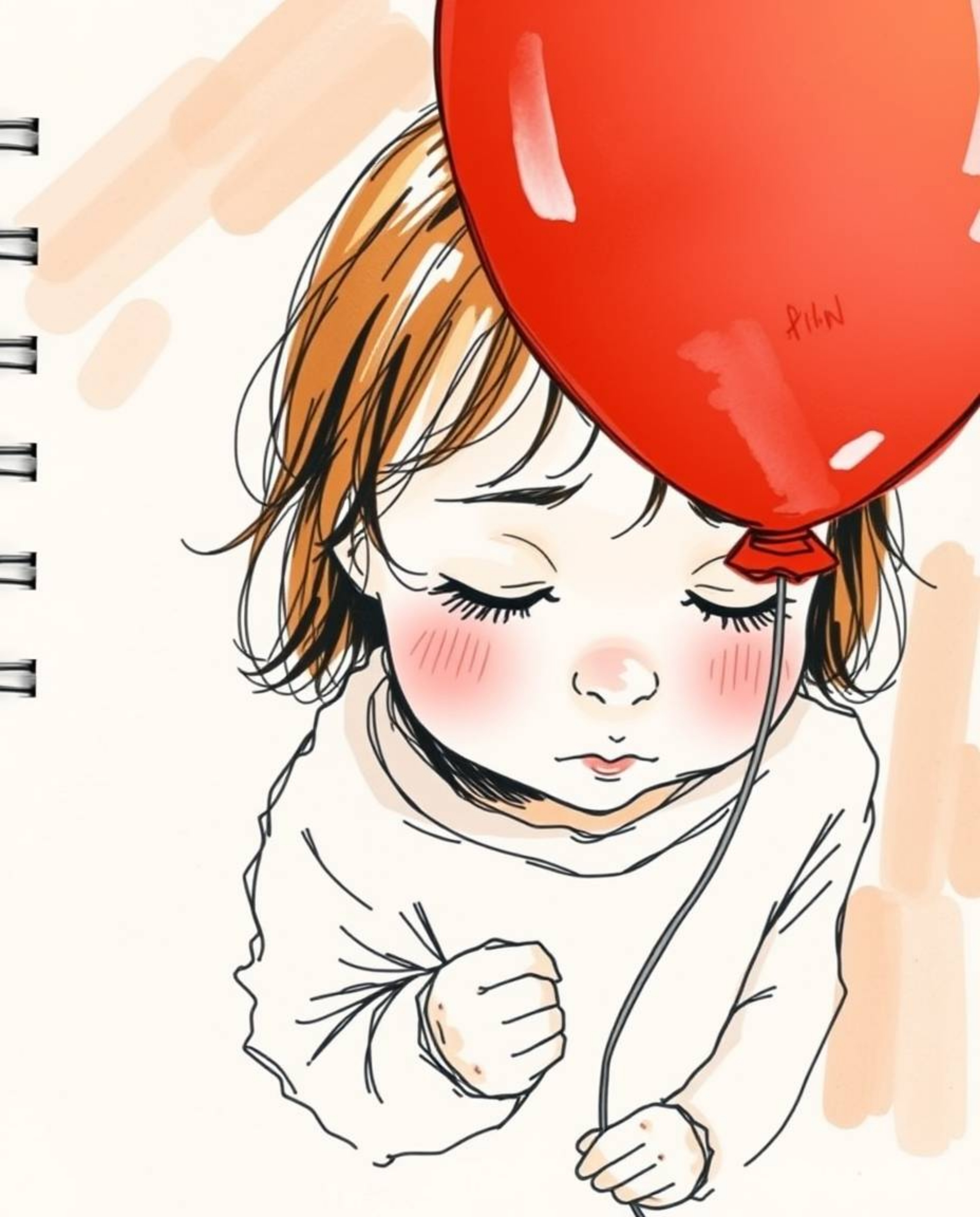 A charming hand-drawn sketch depicts a child with rosy cheeks and brown hair, gently holding a vibrant red balloon.  The illu