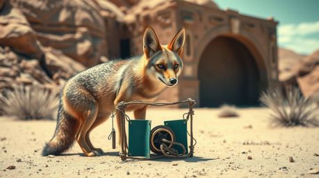 A stunning architectural color photograph captures a coyote meticulously setting up a ridiculously elaborate trap in the vast