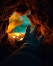 A captivating macro shot capturing a child's tiny hand tracing luminous footprints into the darkness of a cave. Bathed in a w