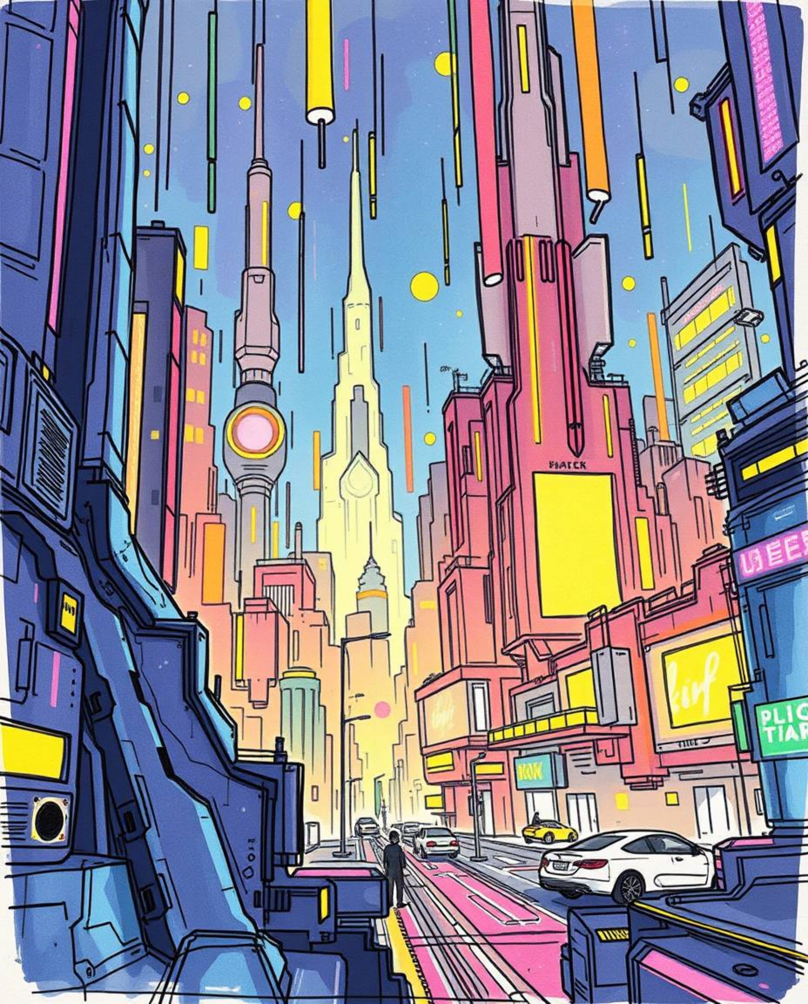 Explore a hand-drawn color sketchnote depicting a futuristic city consumed by glitch mode. This expressive sketch showcases f