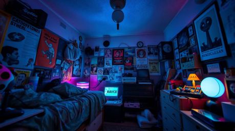 A captivating image showcasing a messy bedroom brimming with peculiar gadgets and posters, captured from a low angle perspect