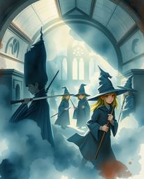 Experience the captivating allure of a magical school filled with young wizards, depicted in a delicate watercolor painting w