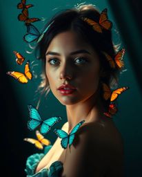 A captivating image featuring high contrast and low-key lighting with a rich, deep teal color scheme. A girl with delicate fe