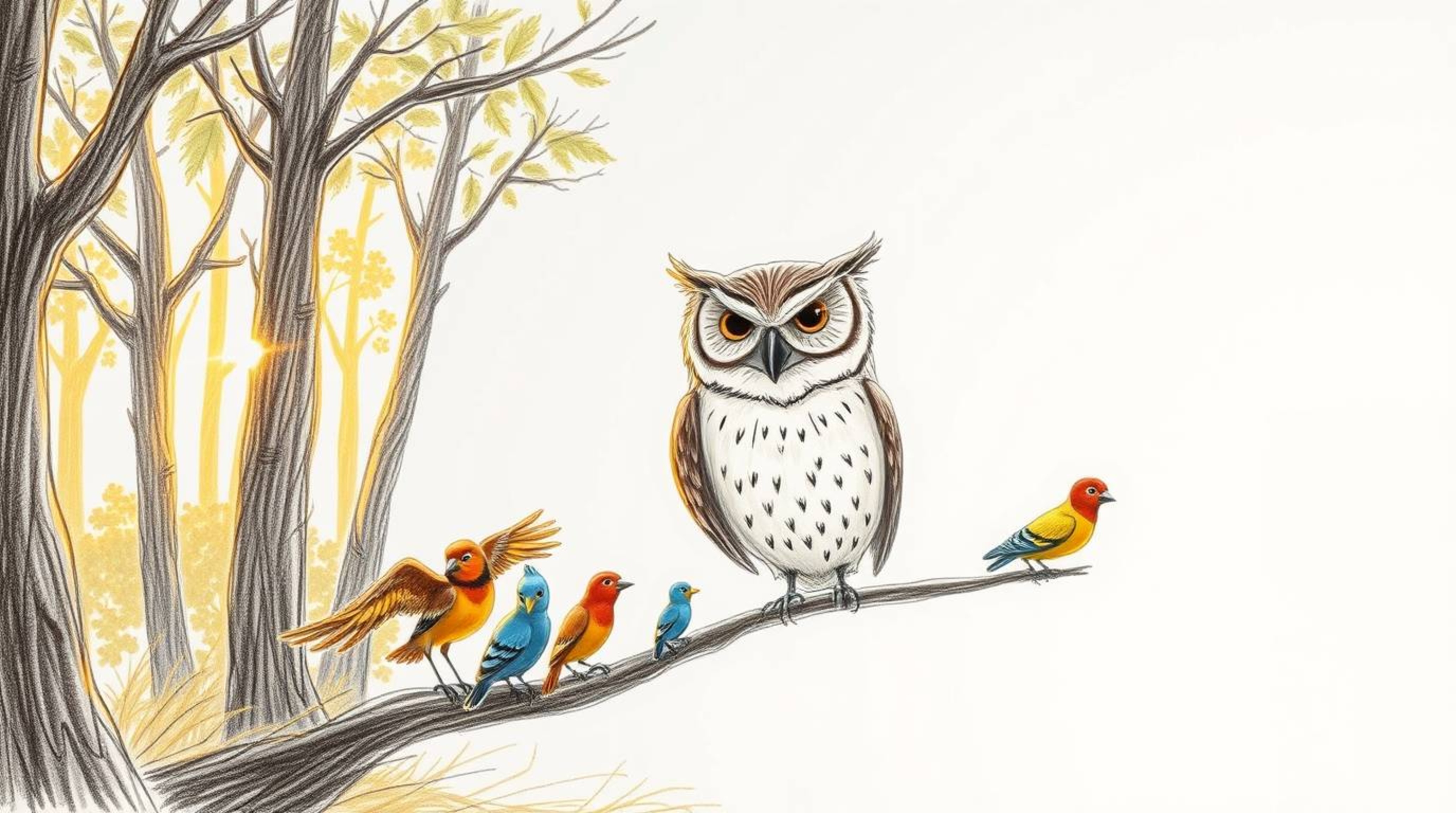 A heartwarming hand-drawn sketch in the style of Pixar depicts a wise, blind owl with expressive wrinkles, gently guiding a f