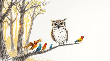 A heartwarming hand-drawn sketch in the style of Pixar depicts a wise, blind owl with expressive wrinkles, gently guiding a f