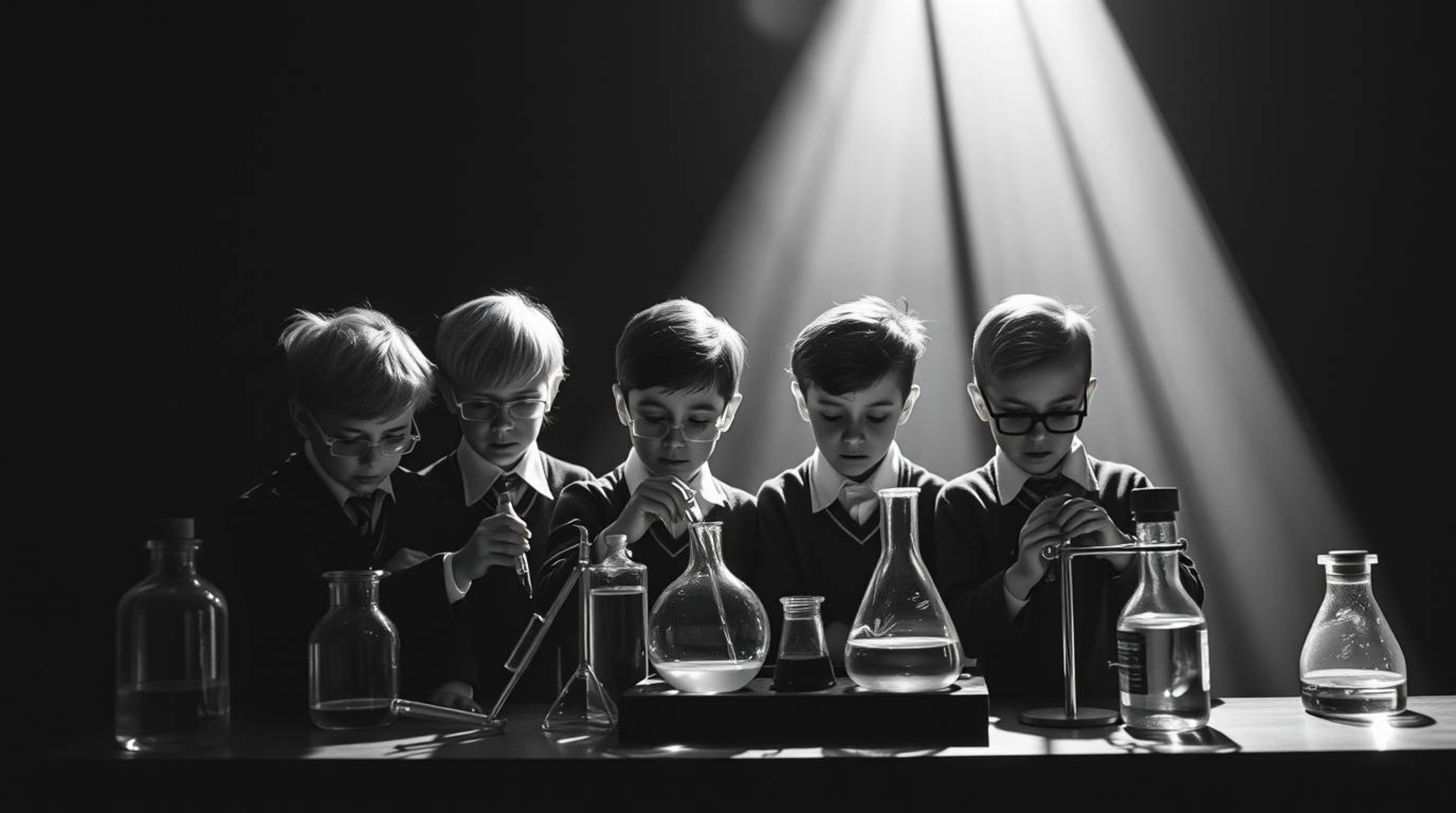 A timeless and elegant classic black and white image featuring a group of quirky children in school uniforms conducting exper