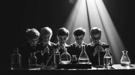 A timeless and elegant classic black and white image featuring a group of quirky children in school uniforms conducting exper