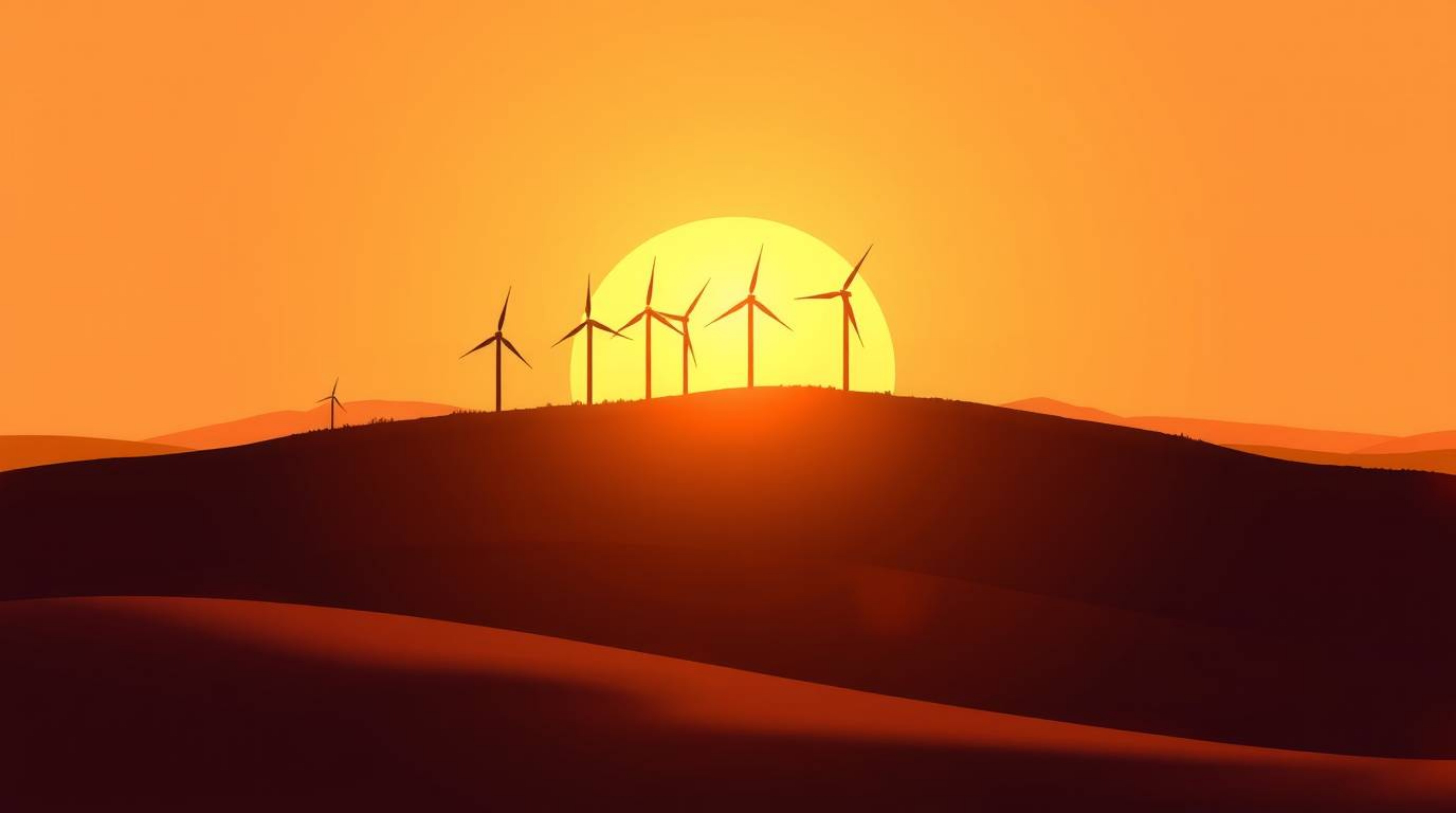 An elegant illustration depicts a serene sunset casting soft light on a row of wind turbines atop a hill.  The scene is rende