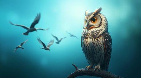 A captivating long exposure photo featuring a blind owl, rendered in Pixar style, proudly observing birds learning to fly. Th