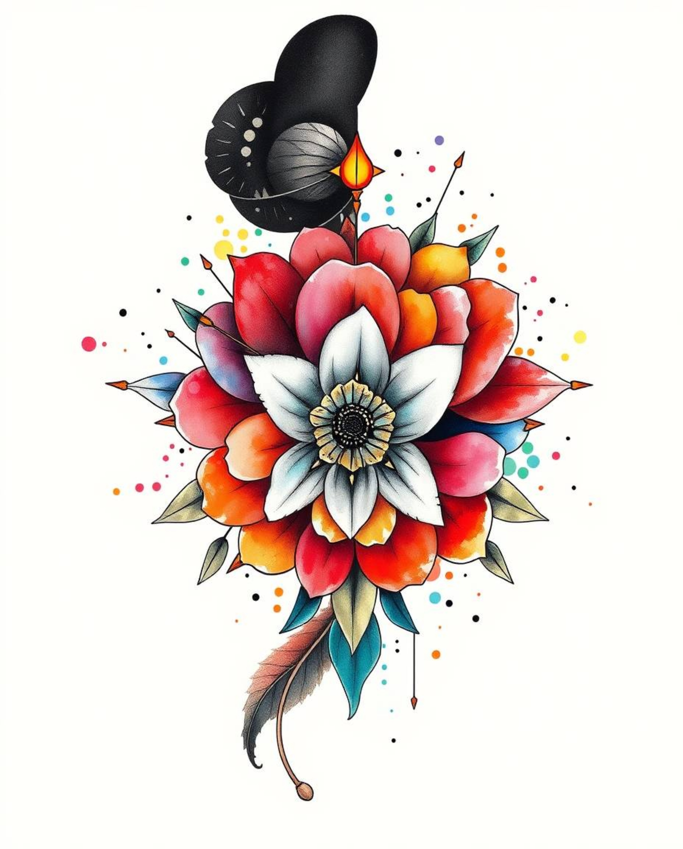 This art print showcases a symbolic traditional tattoo design set against a clean white background. Featuring a striking spli