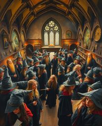 Immerse yourself in a high-angle perspective oil painting depicting a magical school teeming with young wizards. The artwork 