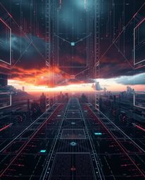 Explore captivating fine art photography showcasing a futuristic digital interface comprised of geometric patterns and a holo