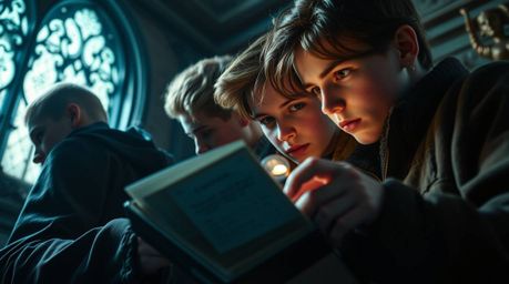 High-resolution stock photo depicting an extreme macro close-up of teenagers engrossed in solving a mystery within a haunted 