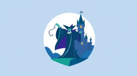 A striking geometric logo design featuring a classic Disney villain conjuring a spell within the confines of an old castle.  