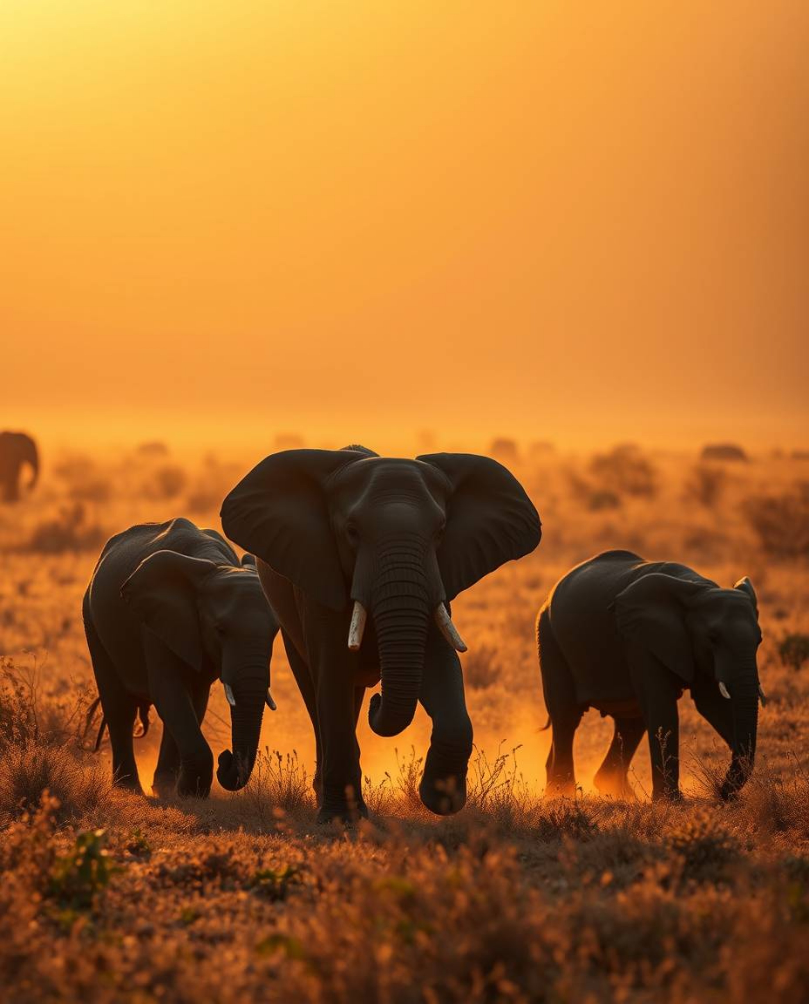 High-resolution stock photo: Warm autumnal colors bathe elephants traversing a sun-drenched field at sunset. Earthy tones, fl