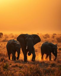 High-resolution stock photo: Warm autumnal colors bathe elephants traversing a sun-drenched field at sunset. Earthy tones, fl