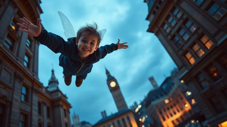 A captivating image of a young boy soaring above the London cityscape, sprinkled with magical pixie dust.  The dramatic, low-