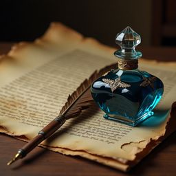 A captivating scene featuring a beautifully crafted glass bottle filled with deep-blue ink, an antique quill pen adorned with