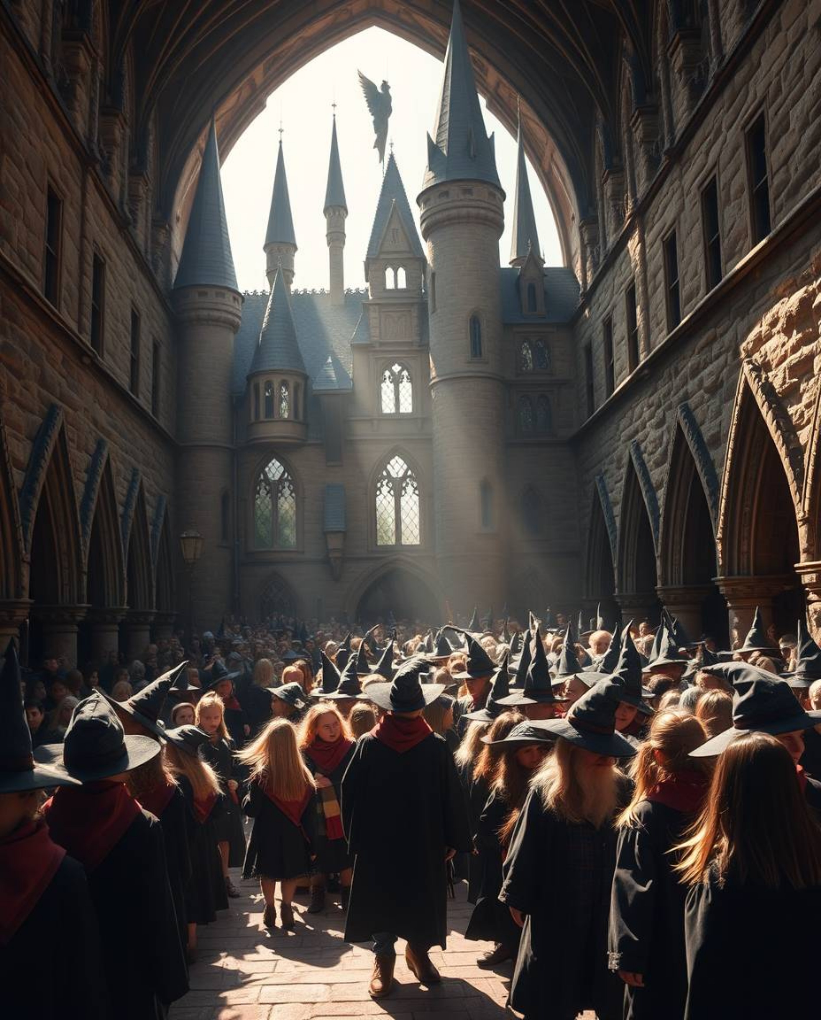 A captivating depiction of a magical school teeming with young wizards, rendered in strong, hard light and a natural earth to