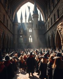 A captivating depiction of a magical school teeming with young wizards, rendered in strong, hard light and a natural earth to