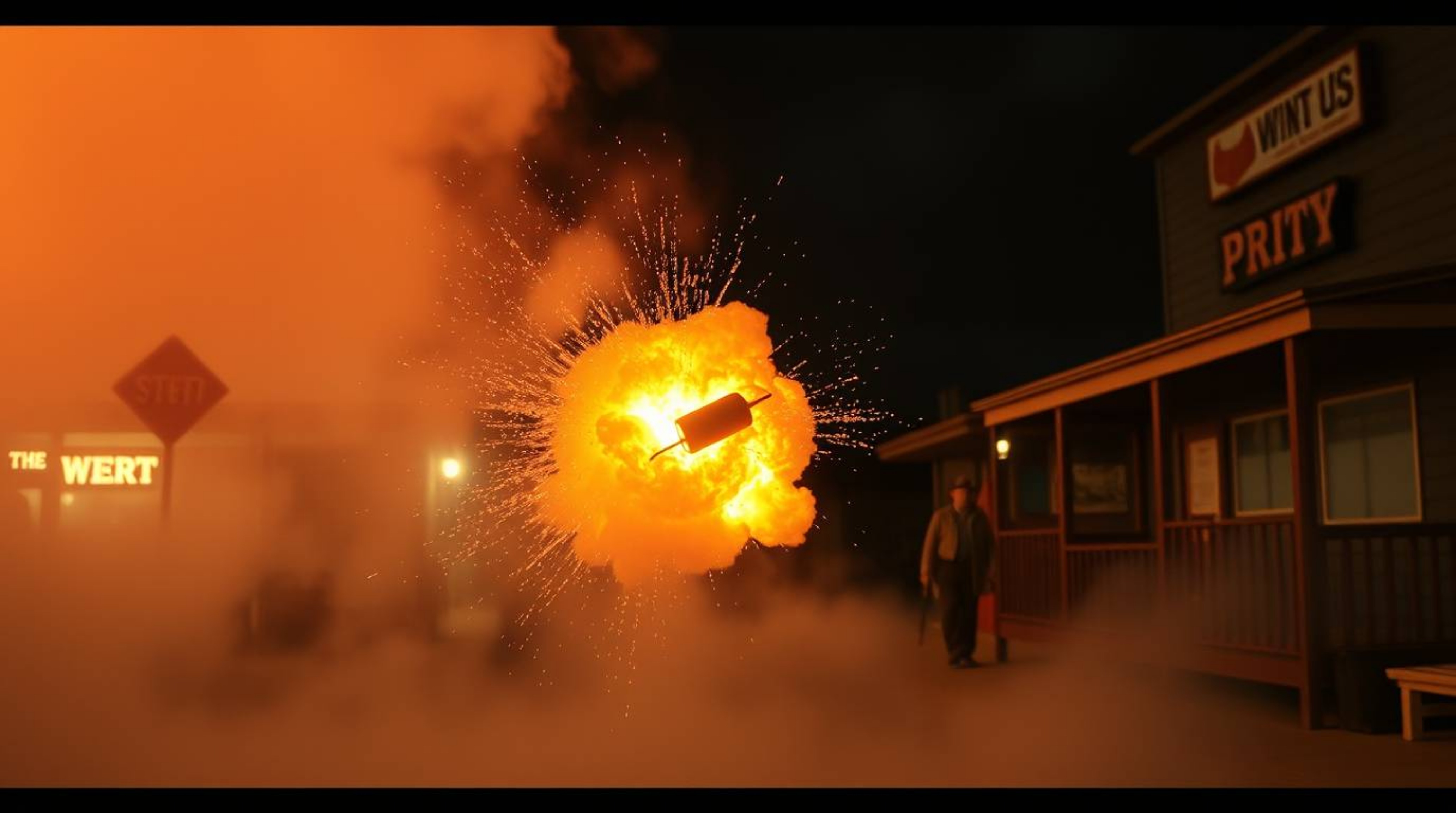 Capture the spontaneous magic of a classic exploding TNT gag in a Wild West setting. This candid street photography shot boas