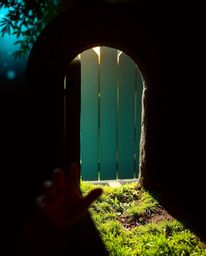 A child with dark, curious eyes stumbles upon a magical portal shimmering with rich, deep teal light in their own backyard.