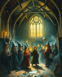 Explore a magical school brimming with young wizards, captured in a classic oil painting style. Experience the ethereal spiri
